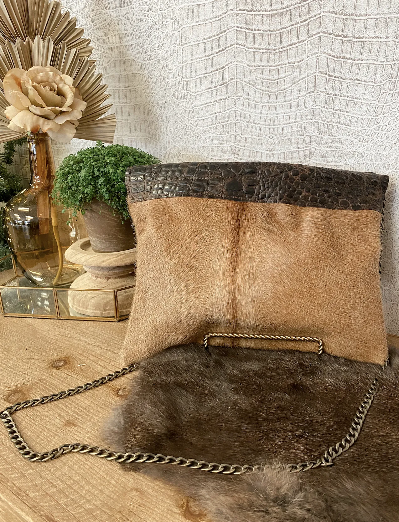 Linebacker with Chocolate Brown Croc Double Flap Clutch/Crossbody