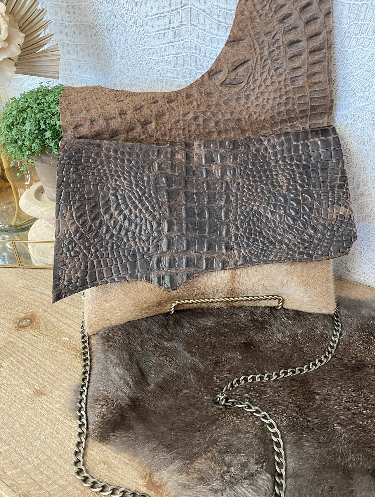 Linebacker with Chocolate Brown Croc Double Flap Clutch/Crossbody