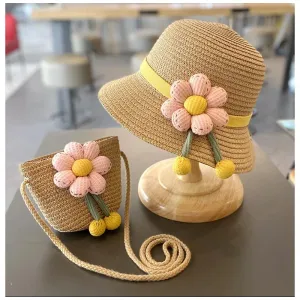 Little Trendy - Sun Protection Beach Straw Hat & Flower Straw Bag, 2Pcs Set