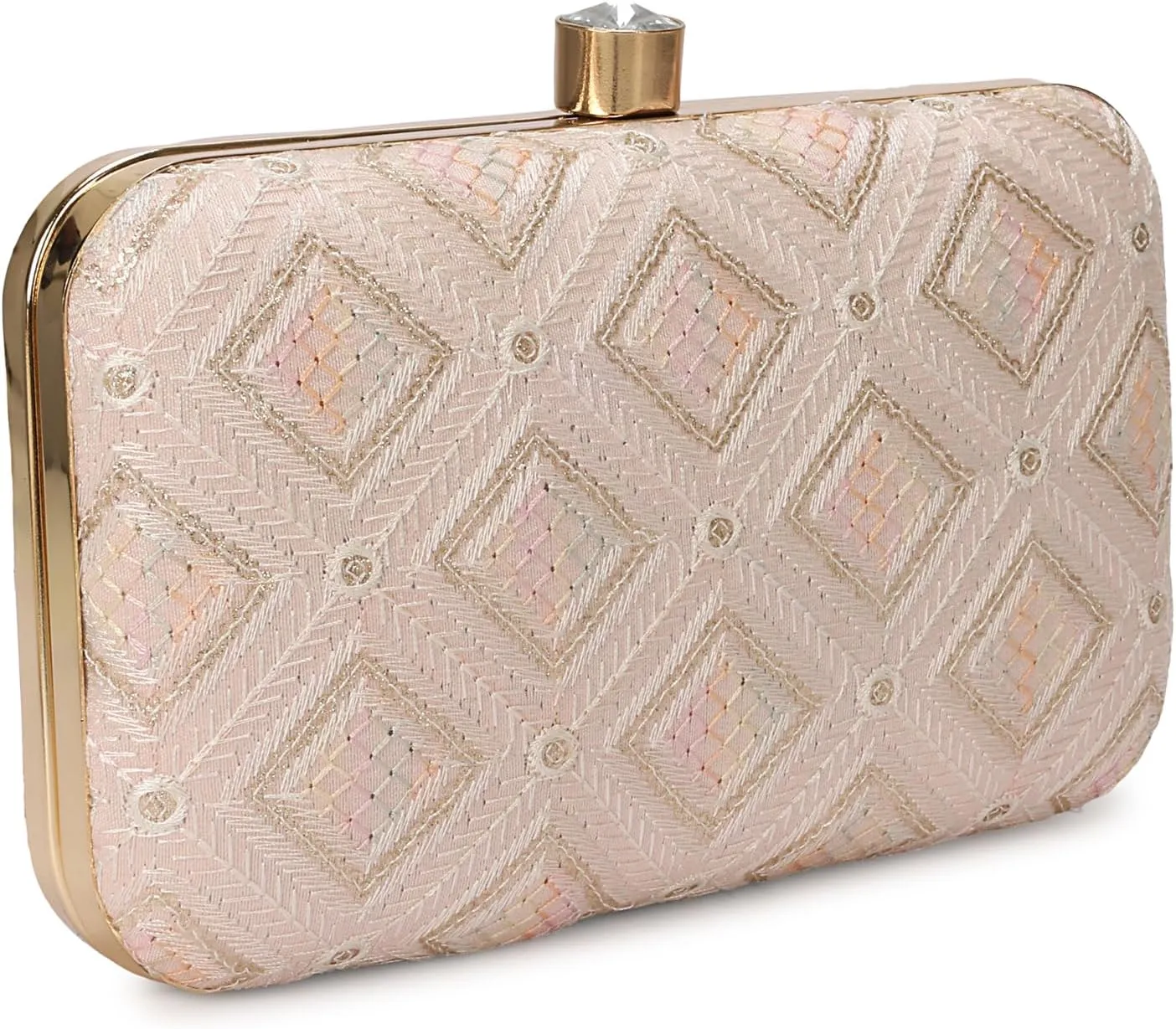 LONGING TO BUY Indian Elegant Evening Box Clutch, Embroidered Pattern, Crystal Clasp