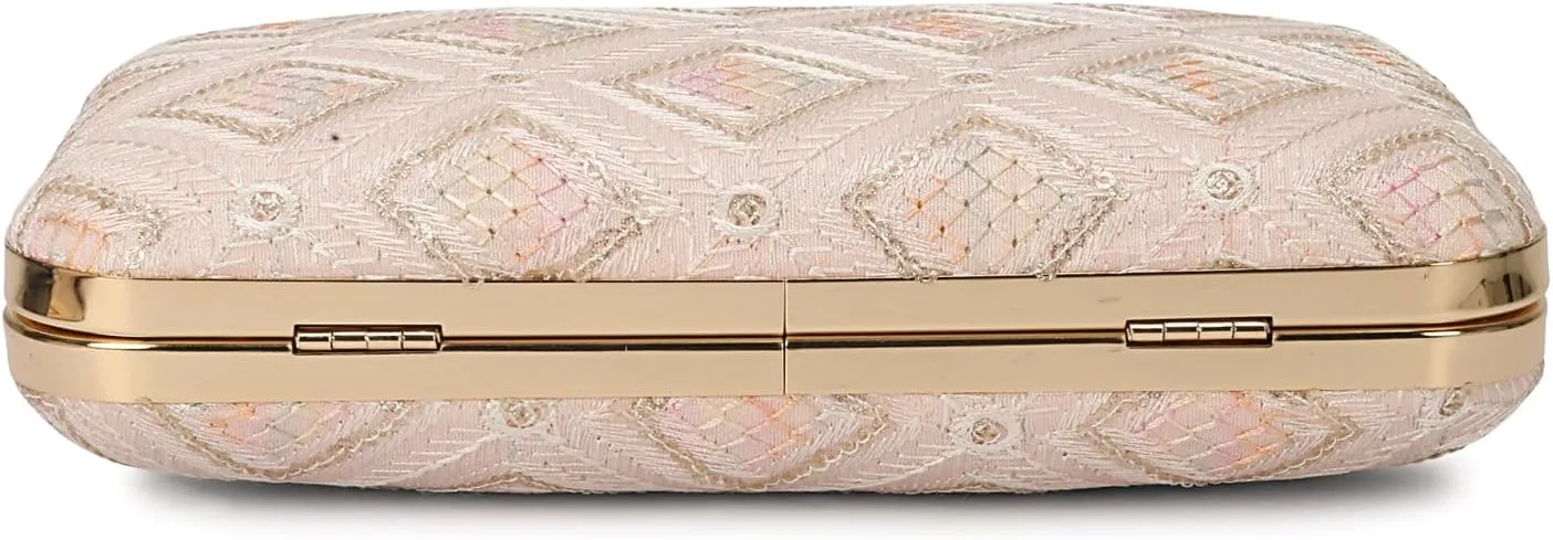LONGING TO BUY Indian Elegant Evening Box Clutch, Embroidered Pattern, Crystal Clasp