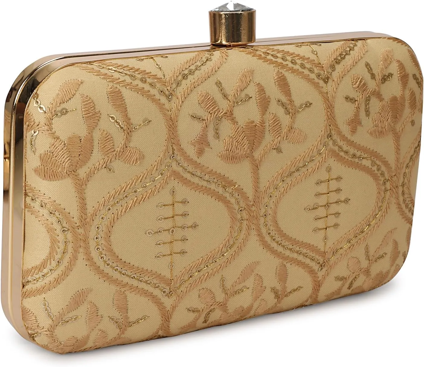 LONGING TO BUY Indian Elegant Evening Box Clutch, Embroidered Pattern, Crystal Clasp