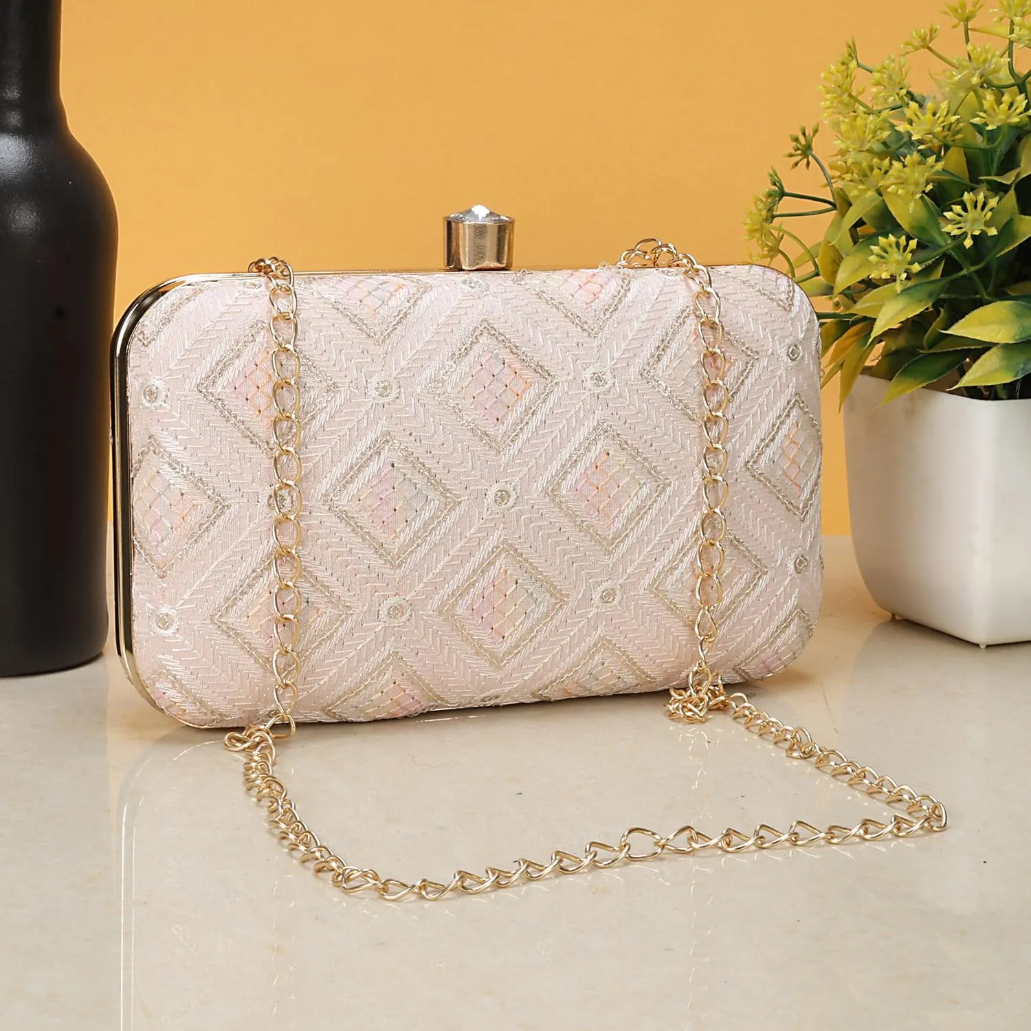 LONGING TO BUY Indian Elegant Evening Box Clutch, Embroidered Pattern, Crystal Clasp