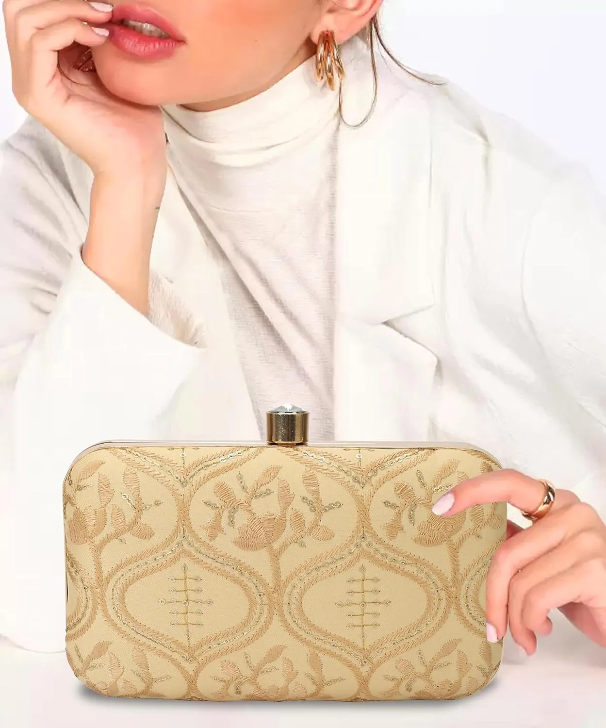 LONGING TO BUY Indian Elegant Evening Box Clutch, Embroidered Pattern, Crystal Clasp