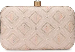 LONGING TO BUY Indian Elegant Evening Box Clutch, Embroidered Pattern, Crystal Clasp