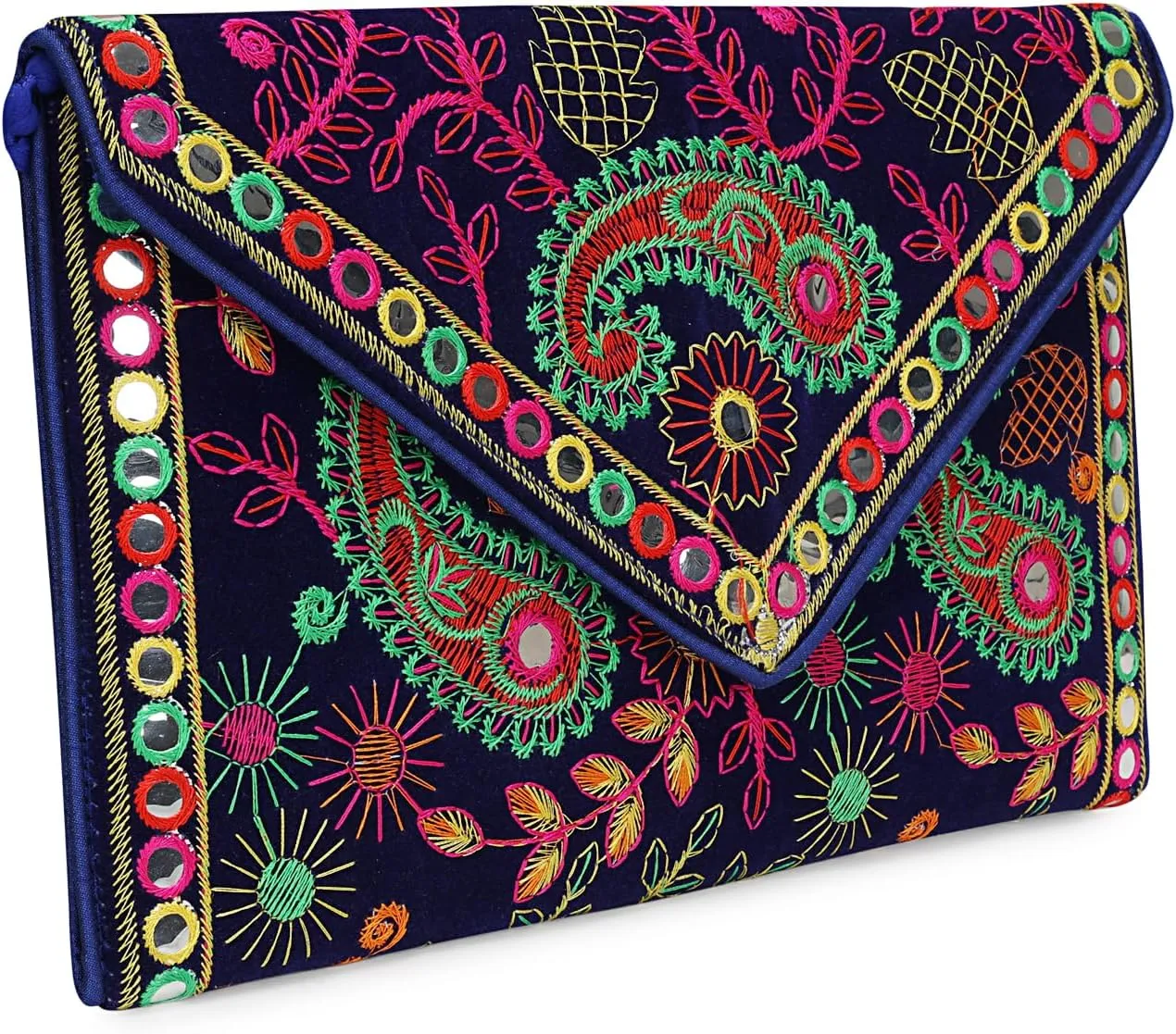 LONGING TO BUY Indian Rajasthani Embroidered Clutch Purse For Women, Blue with Floral Pattern, Mirror Work, Ethnic Design
