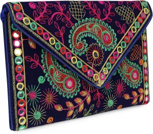 LONGING TO BUY Indian Rajasthani Embroidered Clutch Purse For Women, Blue with Floral Pattern, Mirror Work, Ethnic Design