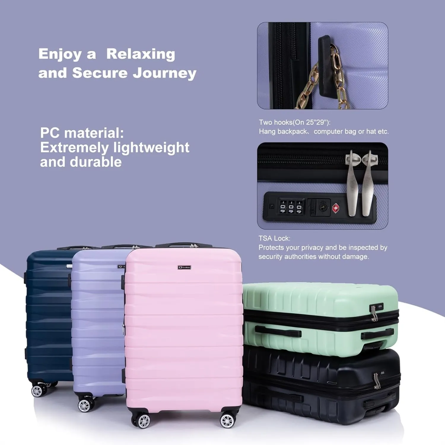 Luggage Sets 3 Piece with Double Spinner Wheels,PC Hardside Suitcase Sets with Expandable, Carry On Luggage Set with Travel Duffle Bag for Women and Men