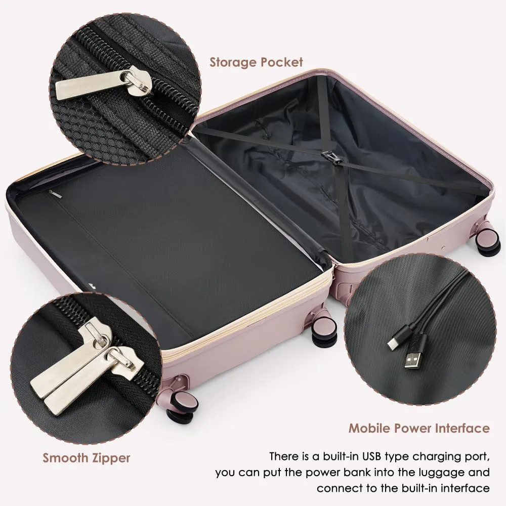 Luggage Sets 4 Piece, 20-inch with USB Port, Expandable ABS Durable Suitcase with Travel Bag, Cup Holder, ABS Hard Shell Luggage with Spinner Wheels, RosyBrown