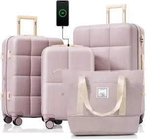 Luggage Sets 4 Piece, 20-inch with USB Port, Expandable ABS Durable Suitcase with Travel Bag, Cup Holder, ABS Hard Shell Luggage with Spinner Wheels, RosyBrown