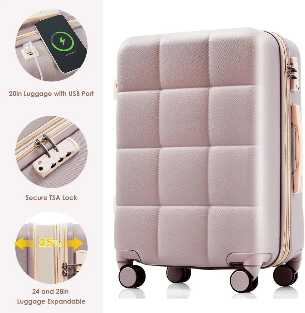 Luggage Sets 4 Piece, 20-inch with USB Port, Expandable ABS Durable Suitcase with Travel Bag, Cup Holder, ABS Hard Shell Luggage with Spinner Wheels, RosyBrown