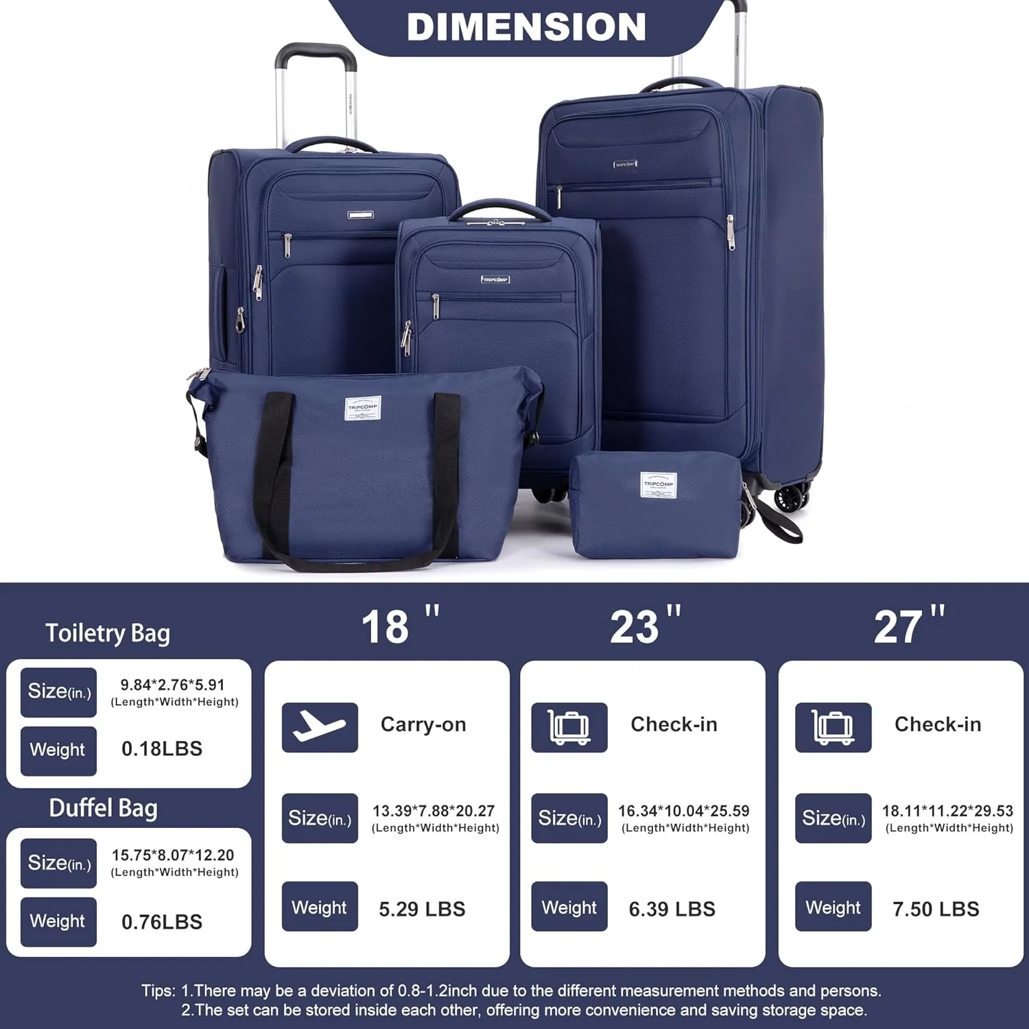 Luggage Sets 5 Piece Softside Expandable Suitcase set With Spinner Wheels Duffel Bag And Toiletry Bag, Lightweight Carry-On And Checked Luggage (10" 16" 18" 23" 27"), Blue