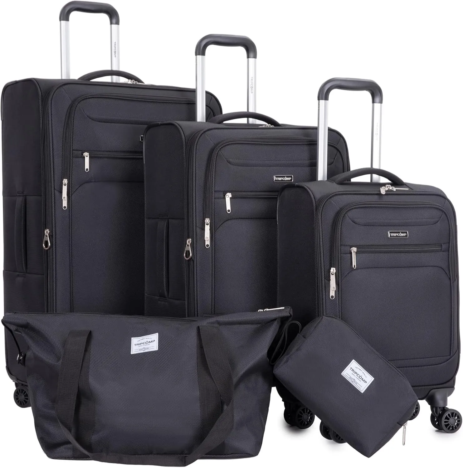 Luggage Sets 5 Piece Softside Expandable Suitcase sets With Spinner Wheels Duffel Bag And Toiletry Bag, Lightweight Carry-On And Checked Luggage (10" 16" 18" 23" 27"), Black