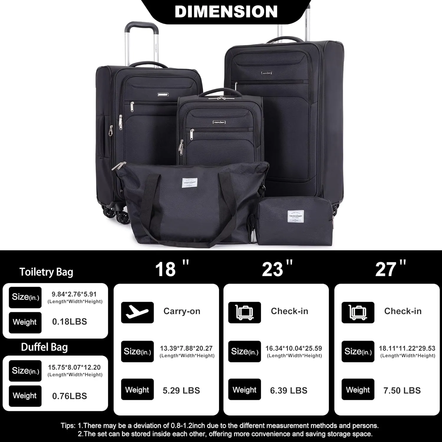 Luggage Sets 5 Piece Softside Expandable Suitcase sets With Spinner Wheels Duffel Bag And Toiletry Bag, Lightweight Carry-On And Checked Luggage (10" 16" 18" 23" 27"), Black