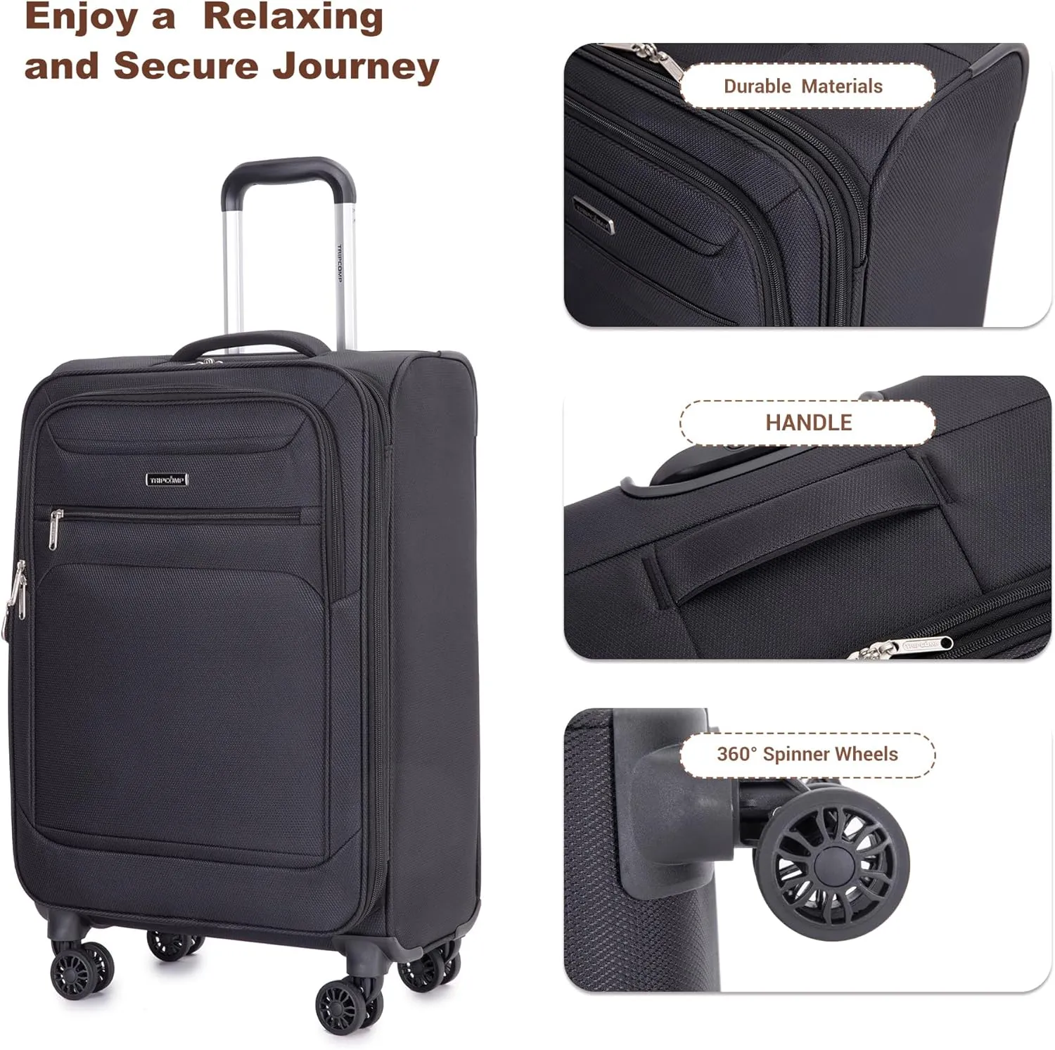 Luggage Sets 5 Piece Softside Expandable Suitcase sets With Spinner Wheels Duffel Bag And Toiletry Bag, Lightweight Carry-On And Checked Luggage (10" 16" 18" 23" 27"), Black