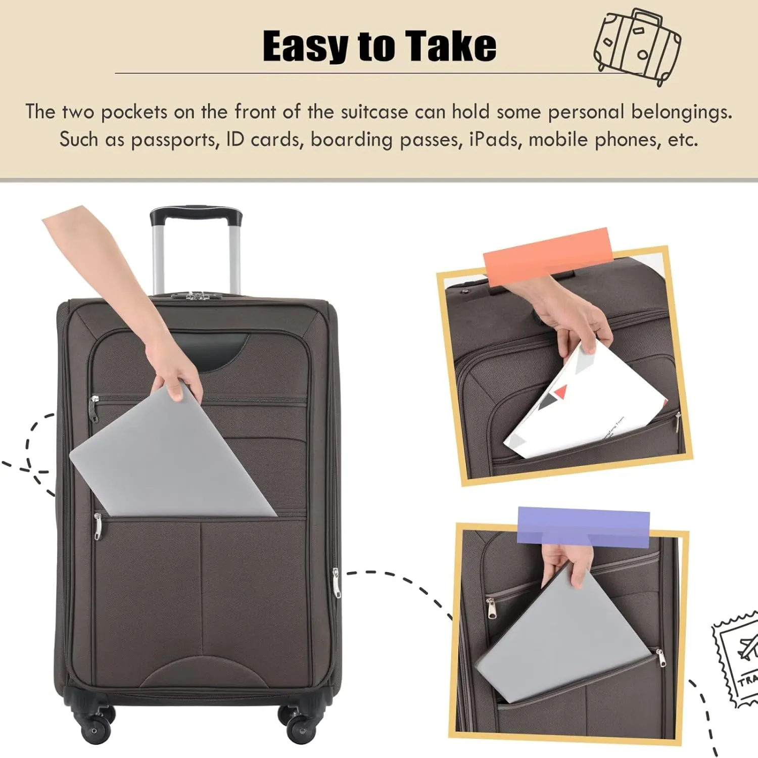 Luggage Sets 5 Piece with Duffel Bag Soft Shell Carry on Suitcase with Spinner Wheels and TSA Lock, Upright Spinner Travel Duffel Bag(Brown, 20" 24" 28")