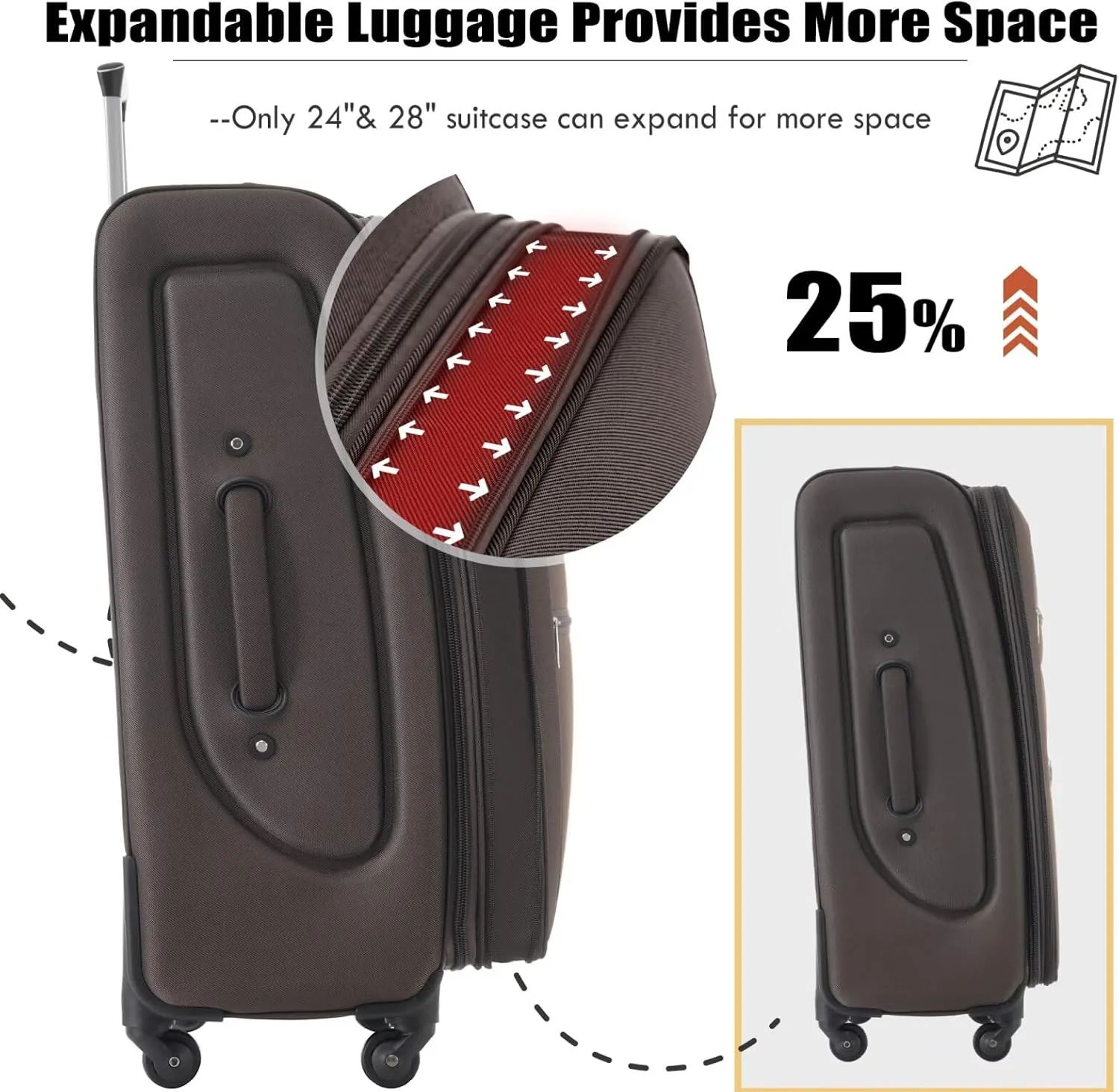 Luggage Sets 5 Piece with Duffel Bag Soft Shell Carry on Suitcase with Spinner Wheels and TSA Lock, Upright Spinner Travel Duffel Bag(Brown, 20" 24" 28")