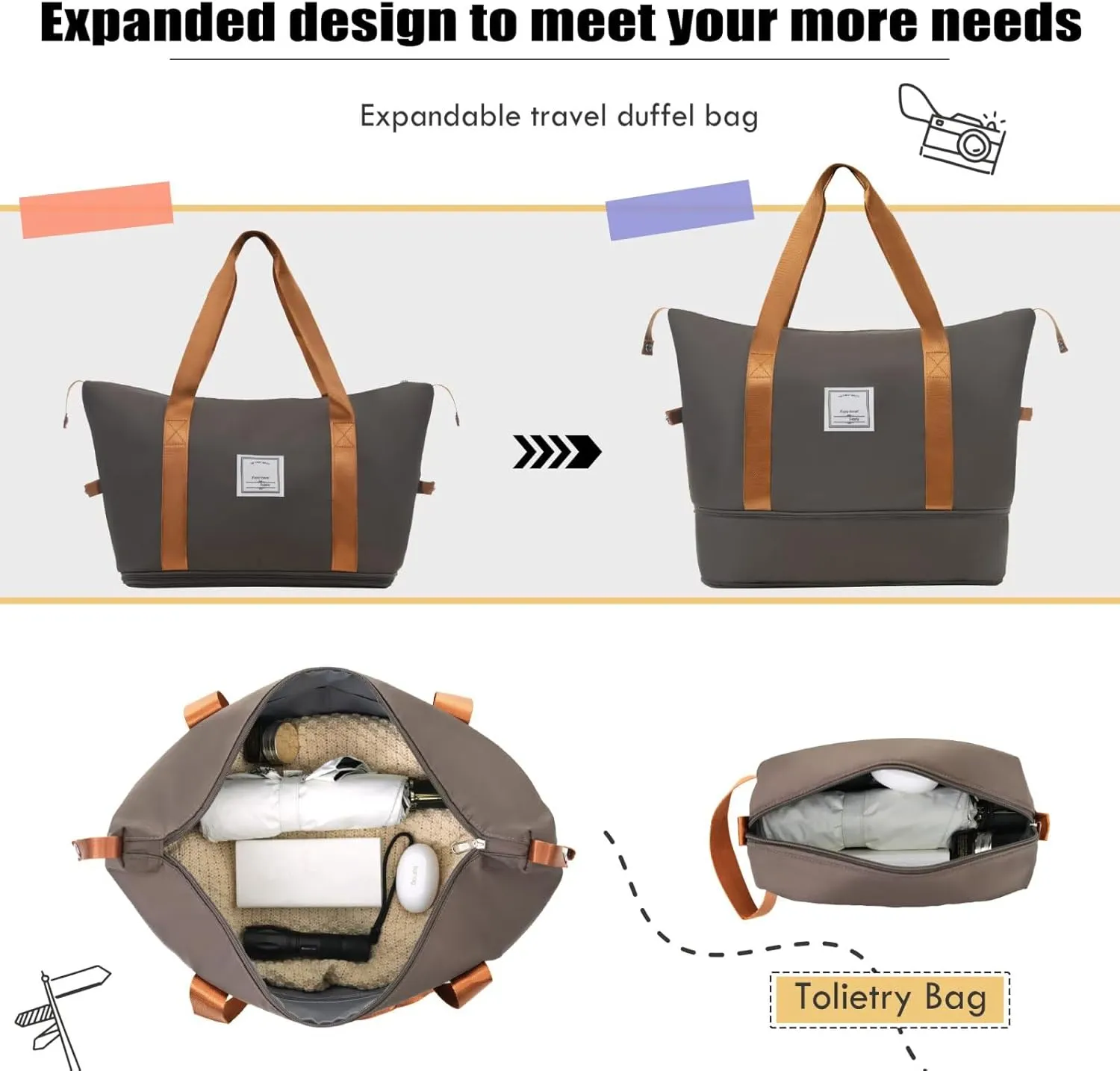 Luggage Sets 5 Piece with Duffel Bag Soft Shell Carry on Suitcase with Spinner Wheels and TSA Lock, Upright Spinner Travel Duffel Bag(Brown, 20" 24" 28")