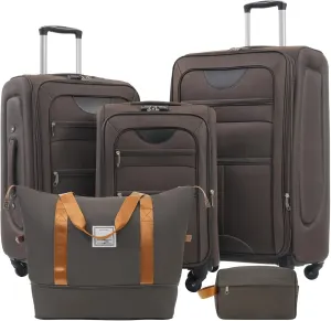 Luggage Sets 5 Piece with Duffel Bag Soft Shell Carry on Suitcase with Spinner Wheels and TSA Lock, Upright Spinner Travel Duffel Bag(Brown, 20" 24" 28")