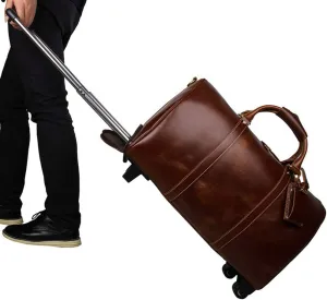 Luggage Wheeled Travel Duffel Bag, Men's Leather Trolley Bag, Outdoor Carry-On Rolling Duffel, Waterproof Weekend Bag