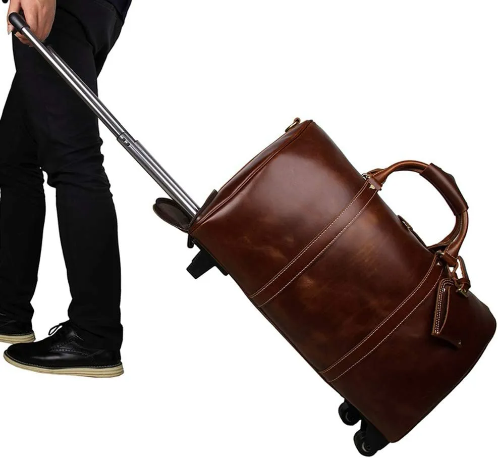 Luggage Wheeled Travel Duffel Bag, Men's Leather Trolley Bag, Outdoor Carry-On Rolling Duffel, Waterproof Weekend Bag