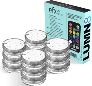 LUMN8 EFX by Boundery - Multicolor Accent Submersible, Waterproof LED Lights - Premium Indoor & Outdoor Battery Operated Lights - LED Puck Light for Events, Patio, Pool, Hot Tub, Shower - 12-Pack