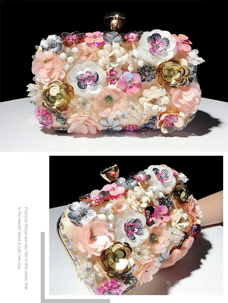 Luxury Women's Floral Evening Clutch 2025 New Fairy 3D Appliques Wedding Party Purses Elegant Ladies Beading Bags Bride Handbag