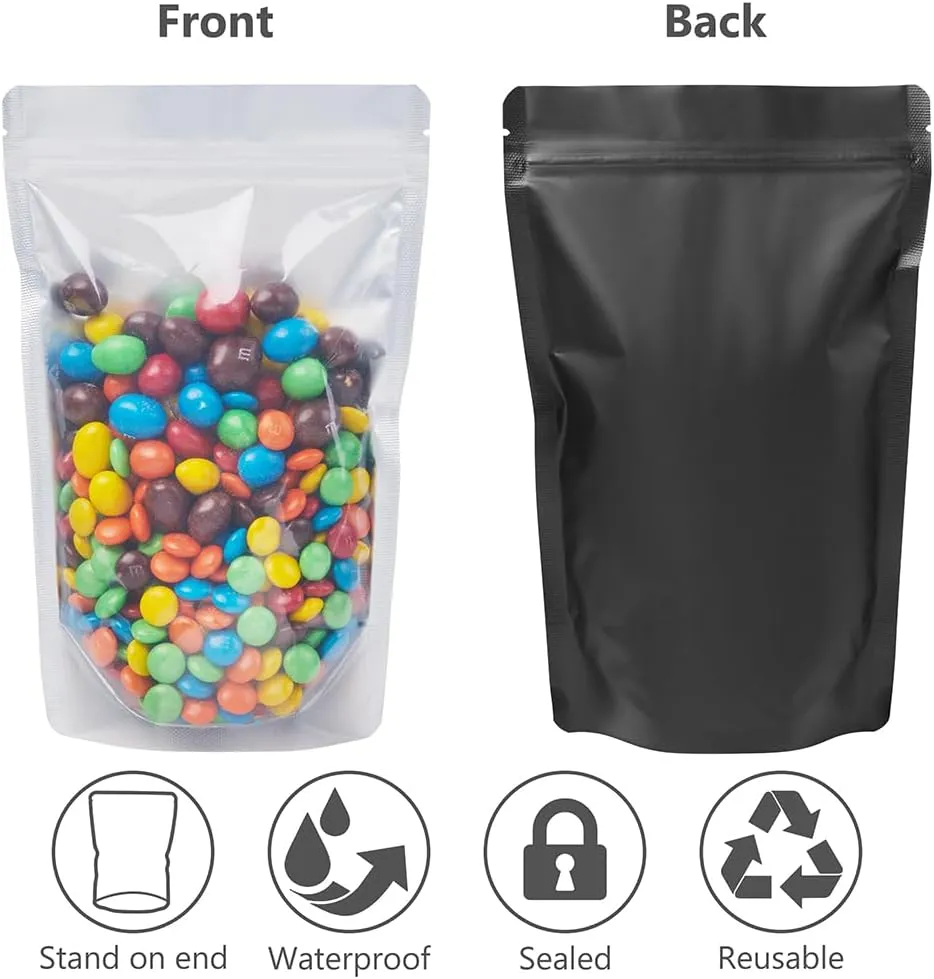 LZLPACKING 100 Pieces resealable Mylar Bags with Clear Front Window,Smell Proof Edible Packaging Bags,Sample Bags,ziplock Stand up Pouches Bags for Food Storage(black,5×8 Inch/12.7 x 20.3cm)