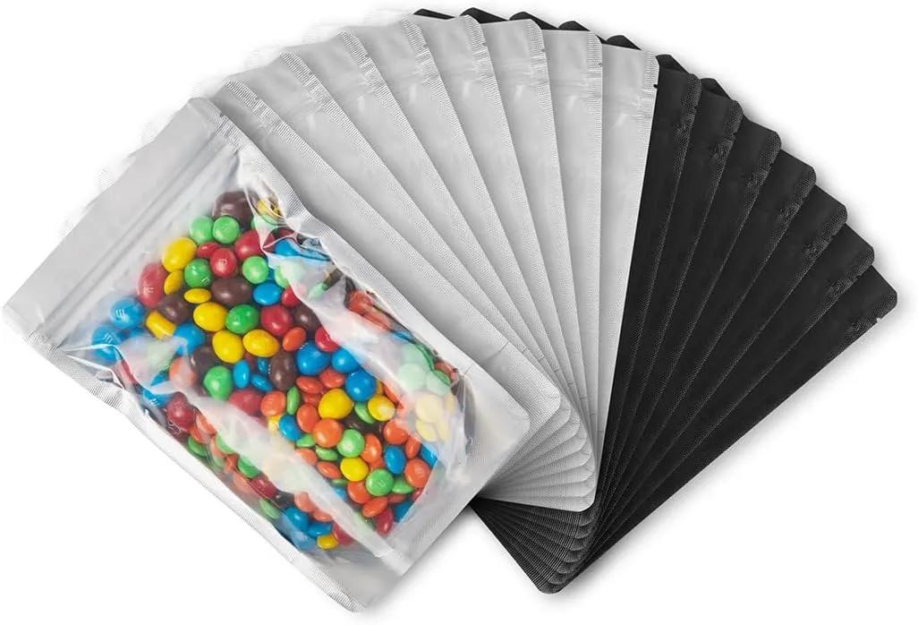 LZLPACKING 100 Pieces resealable Mylar Bags with Clear Front Window,Smell Proof Edible Packaging Bags,Sample Bags,ziplock Stand up Pouches Bags for Food Storage(black,5×8 Inch/12.7 x 20.3cm)