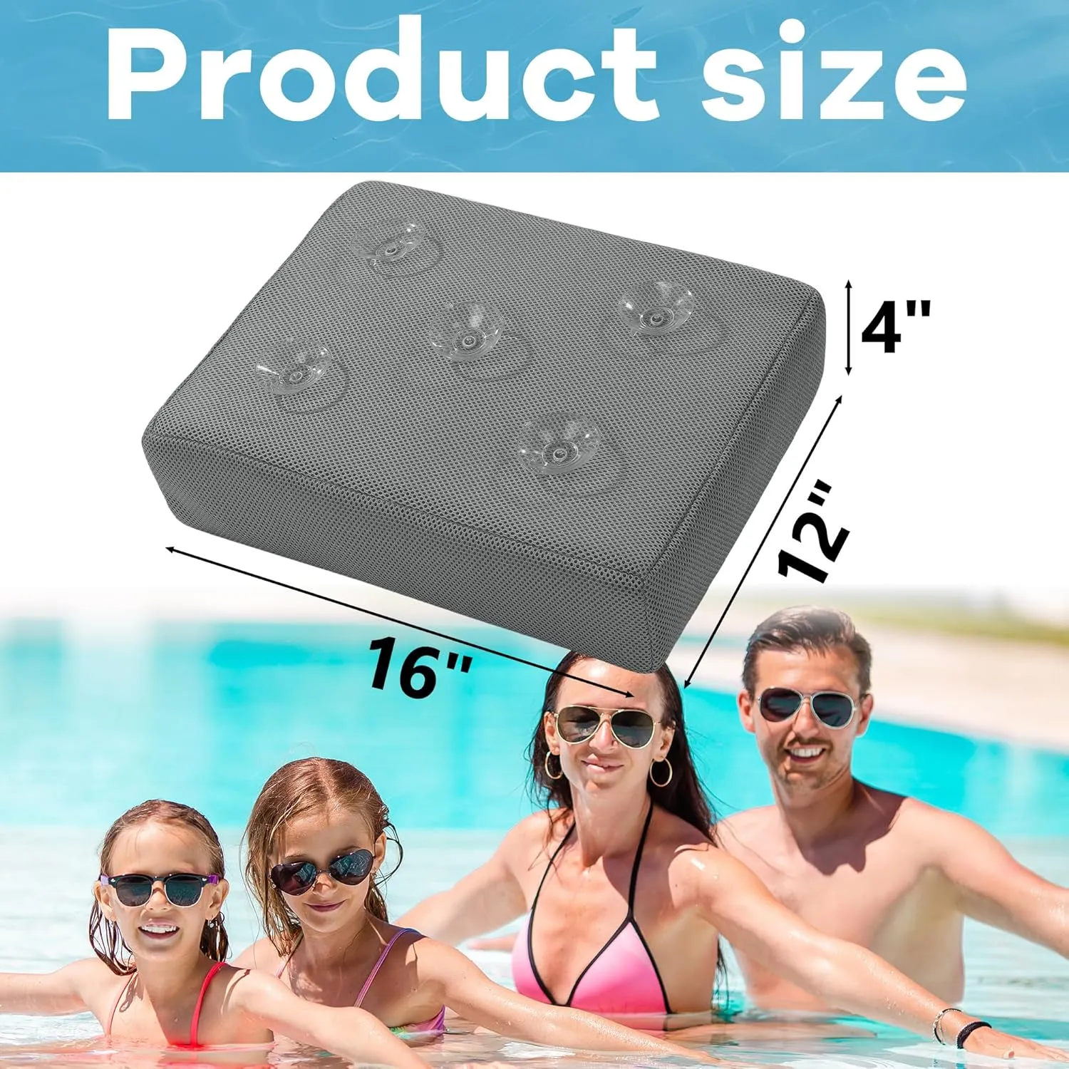 MABOZOO Thicken Bath Cushion for Tub, 4 Inch Booster Seat 3D Air Mesh Hot Tub Cushion Seat with 5 Non-Slip Suction Cups Quick Dry Bath Accessories Indoor Outdoor (Gray)