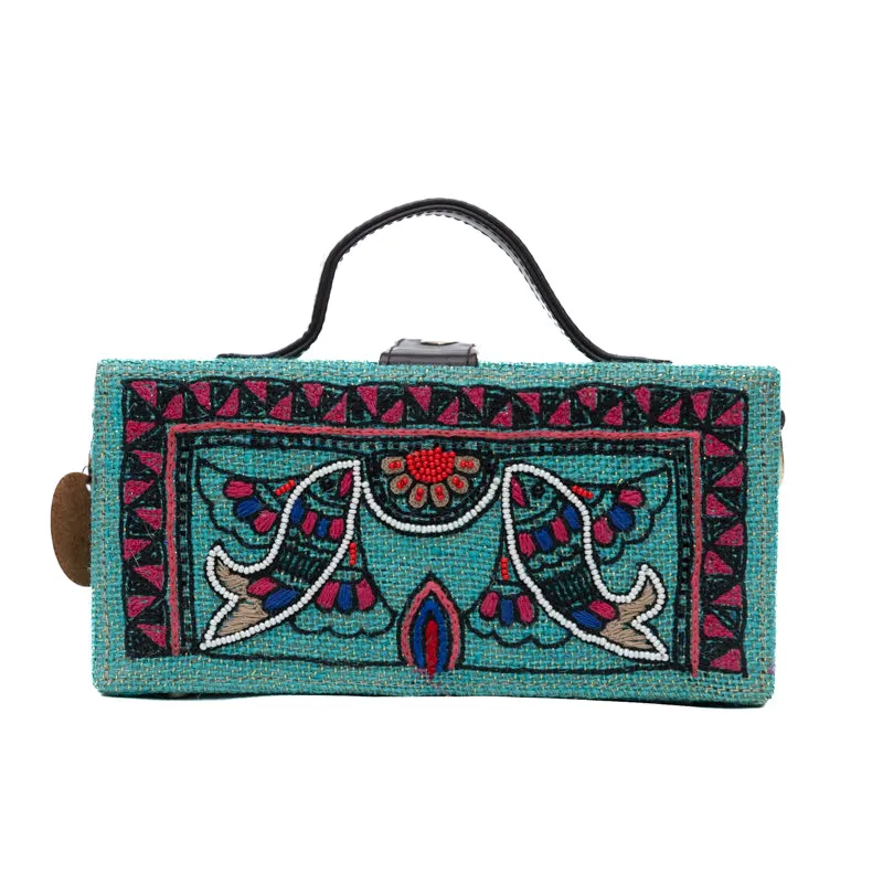 Madhubani Border Hand Embroidered Sling Bag (jute bag)