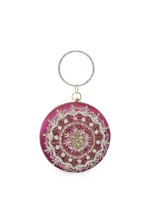 Magenta Round Clutch Embroidered Circle Purse For Wedding
