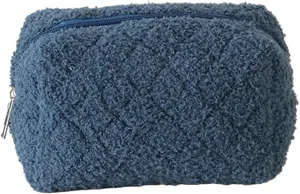 makeup bag Women Plush Cosmetic Bag Soft Quilted Makeup Purse with Zipper Solid Color for Female Girls Daily Use(Blue flower)