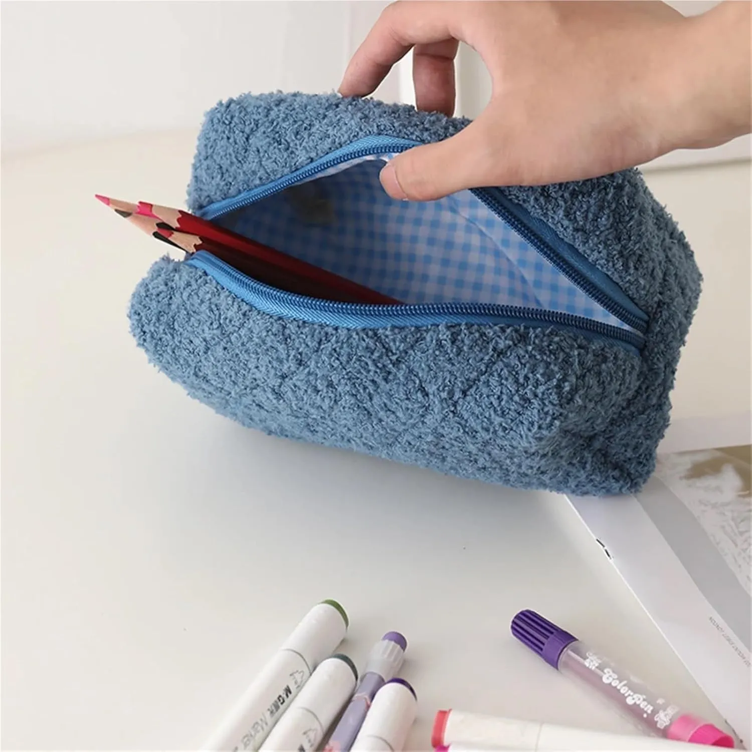 makeup bag Women Plush Cosmetic Bag Soft Quilted Makeup Purse with Zipper Solid Color for Female Girls Daily Use(Blue flower)