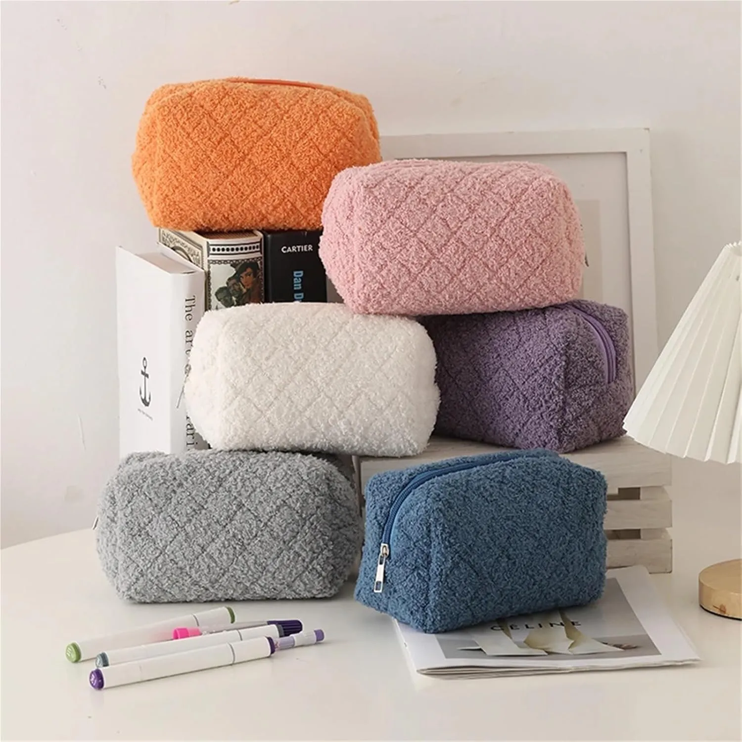 makeup bag Women Plush Cosmetic Bag Soft Quilted Makeup Purse with Zipper Solid Color for Female Girls Daily Use(Gray)