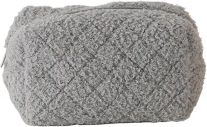makeup bag Women Plush Cosmetic Bag Soft Quilted Makeup Purse with Zipper Solid Color for Female Girls Daily Use(Gray)