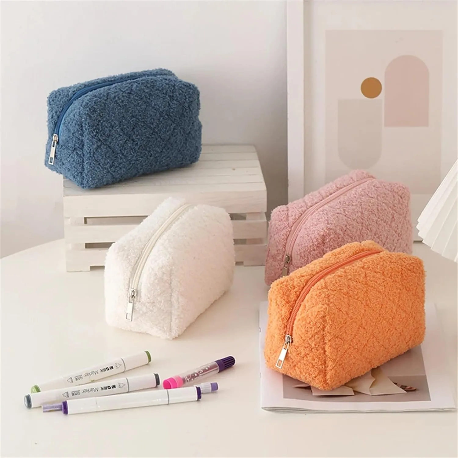 makeup bag Women Plush Cosmetic Bag Soft Quilted Makeup Purse with Zipper Solid Color for Female Girls Daily Use(Gray)