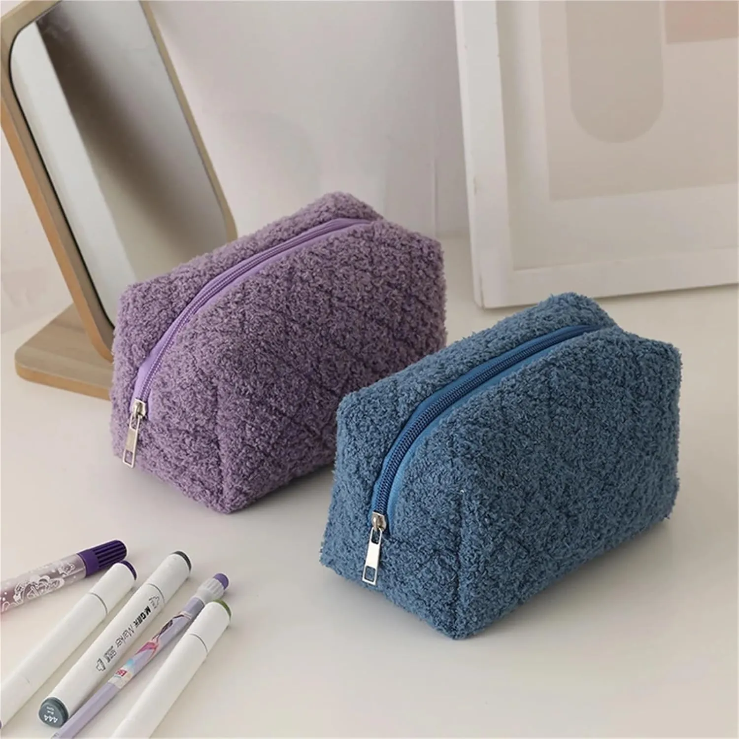 makeup bag Women Plush Cosmetic Bag Soft Quilted Makeup Purse with Zipper Solid Color for Female Girls Daily Use(Gray)