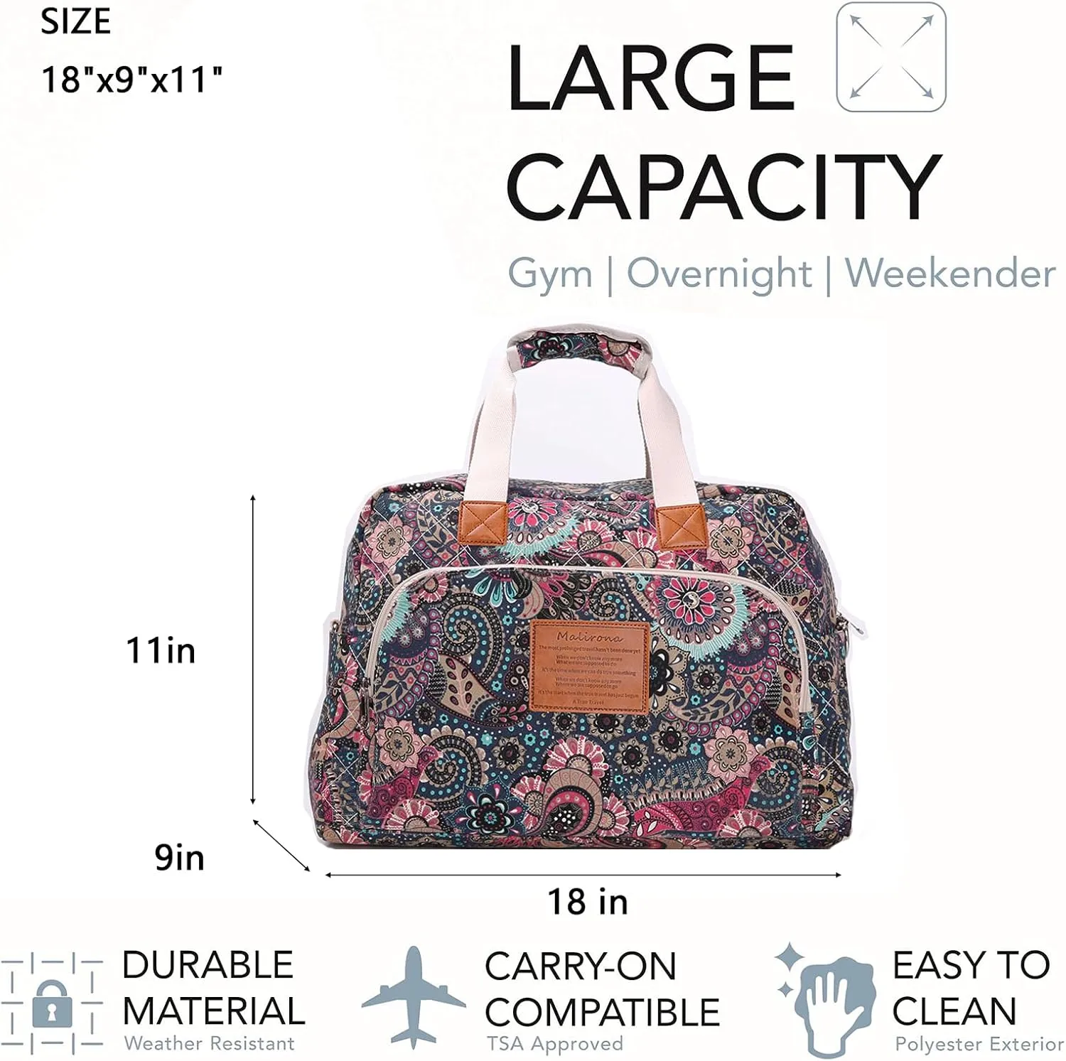 Malirona Canvas Overnight Bag Women Weekender Bag Carry On Travel Duffel Bag Floral