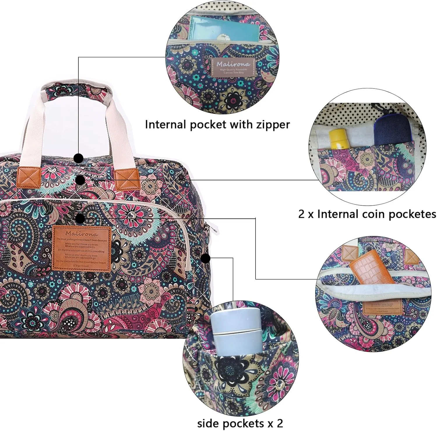 Malirona Canvas Overnight Bag Women Weekender Bag Carry On Travel Duffel Bag Floral