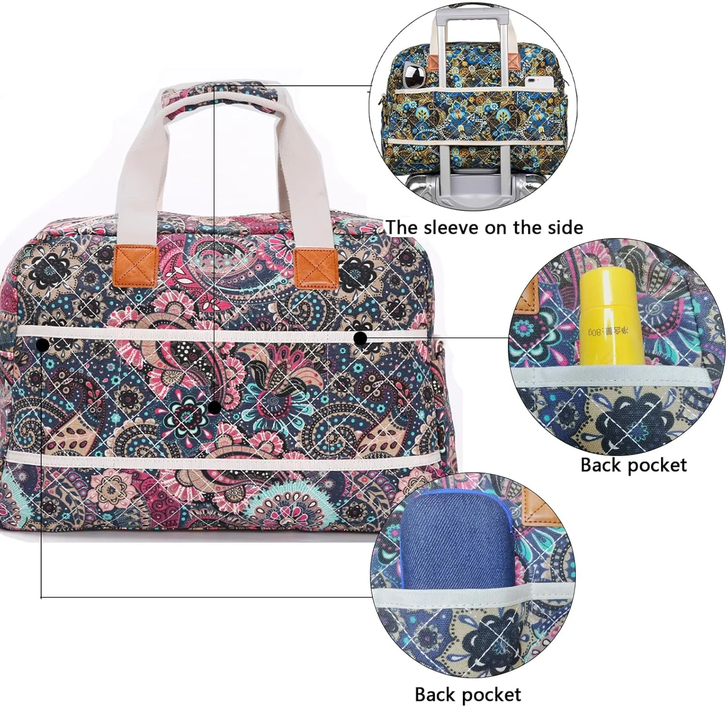 Malirona Canvas Overnight Bag Women Weekender Bag Carry On Travel Duffel Bag Floral
