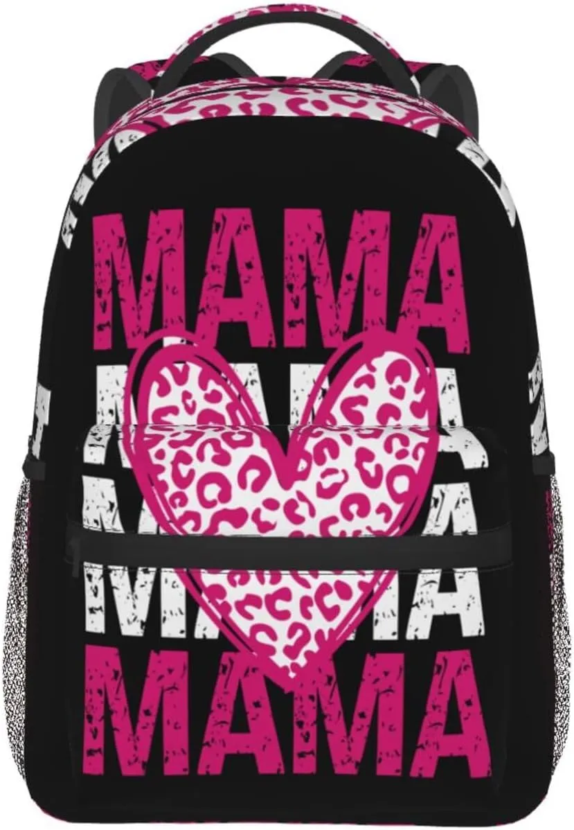 Mama Valentine's Day Pink Leopard Cheetah Casual Backpack Sport Backpacks Work Travel Rucksack Lightweight Laptop Daypack Adjustable Straps Bags with Pockets for Cycling Hiking