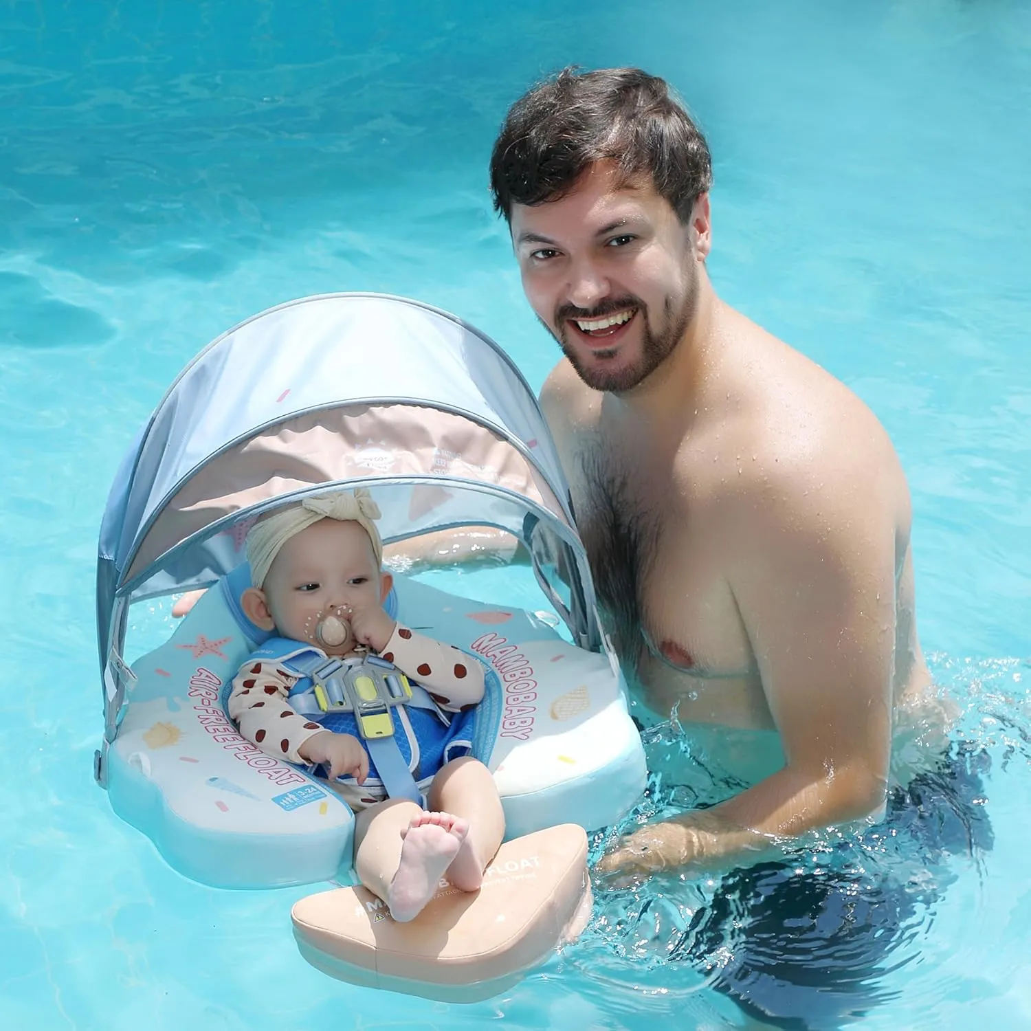 Mambobaby Float Add Tail Baby/Infant Swim Float with Canopy, Non-Inflatable Solid Upgrade Soft Waterproof Skin-Friendly Leather Material (Limited Edition Blue)