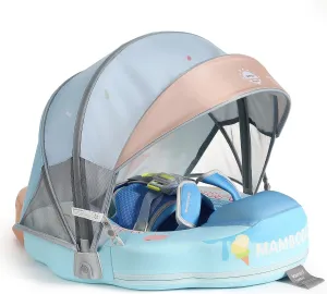 Mambobaby Float Add Tail Baby/Infant Swim Float with Canopy, Non-Inflatable Solid Upgrade Soft Waterproof Skin-Friendly Leather Material (Limited Edition Blue)