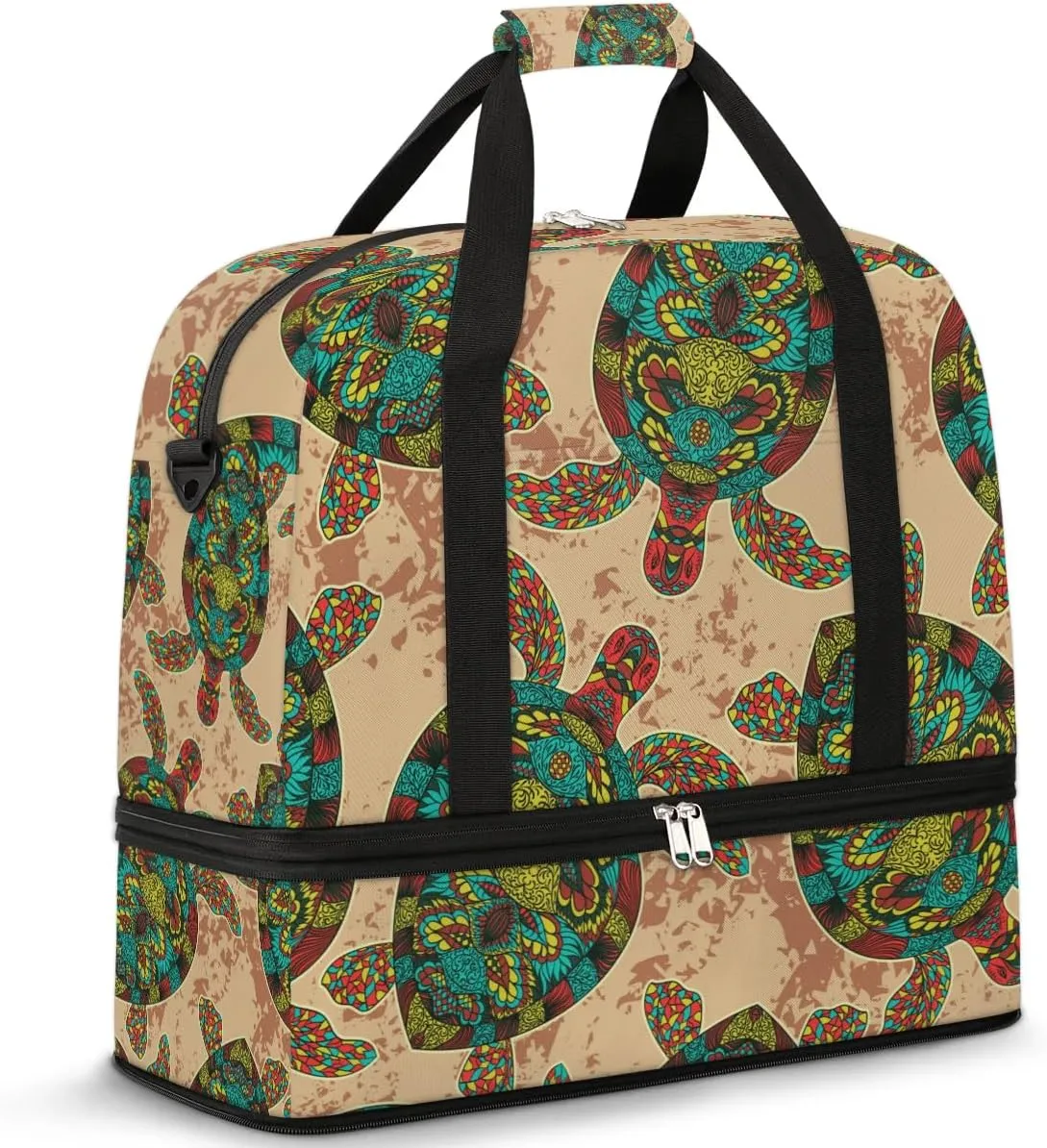 Mandala Flora Turtle Nation Travel Duffel Bag for Women Men Weekender Overnight Bag with Shoe Compartment Foldable Sports Gym Luggage Bag
