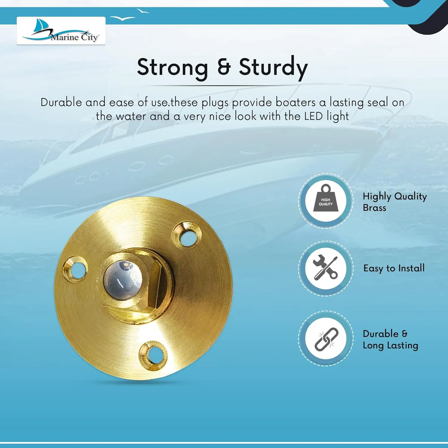 MARINE CITY Under Water LED Light Waterproof Brass Drain Plug – Corrosion-Resistant, 1 Inch Hole, Ideal for Boats, Yachts, Pools (Green)