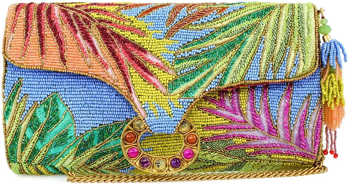 Mary Frances Beaded Crossbody Handbag with Tropical Leaf Embroidery Statement Evening Clutch Purse, Multi