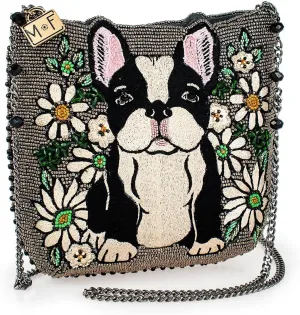Mary Frances Pardon My Frenchie Beaded Crossbody Handbag with French Bulldog and Floral Motif Evening Clutch Purse, Pewter