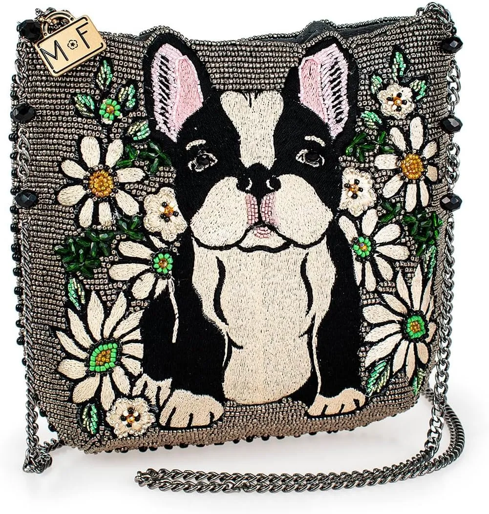 Mary Frances Pardon My Frenchie Beaded Crossbody Handbag with French Bulldog and Floral Motif Evening Clutch Purse, Pewter