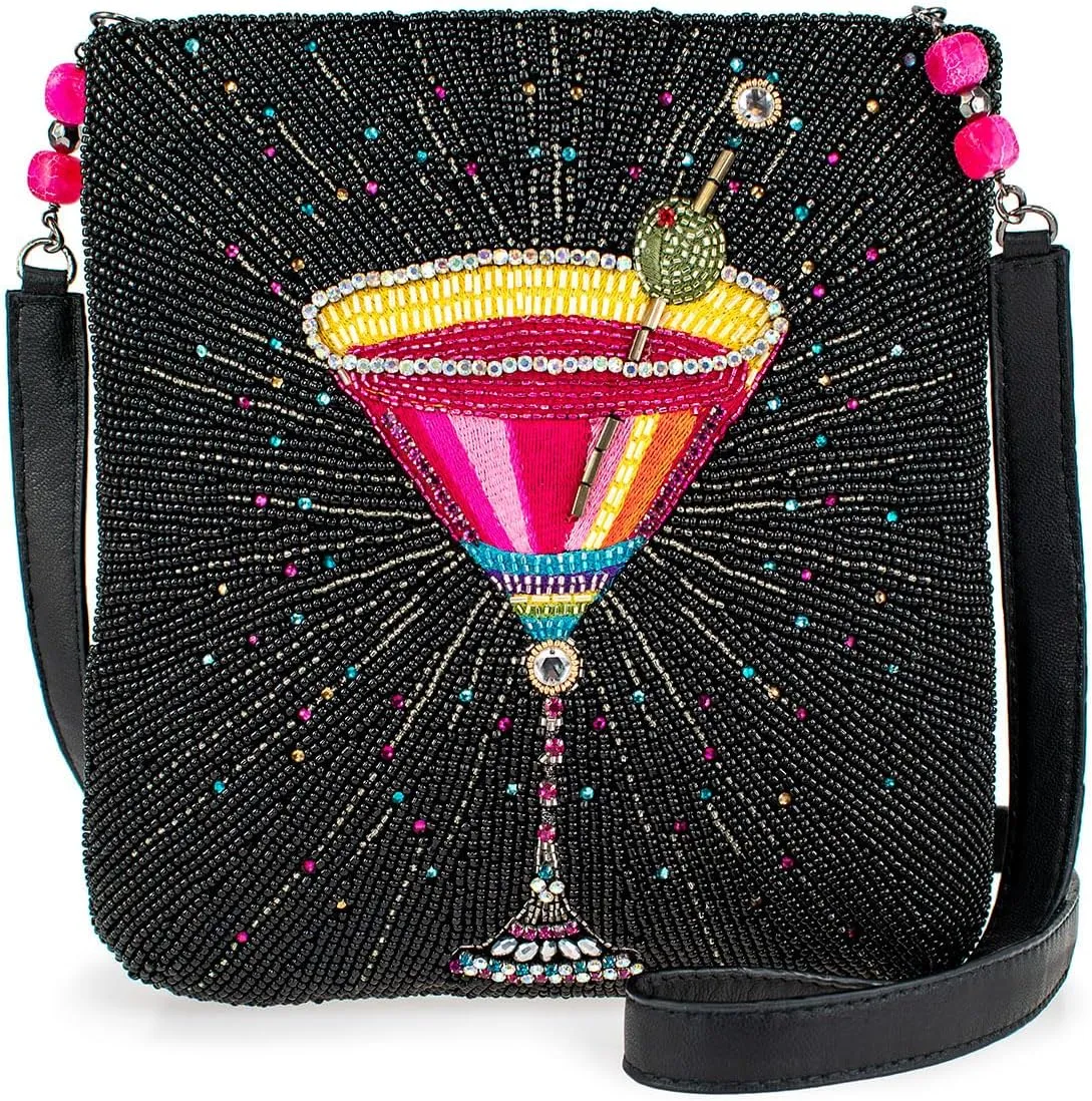 Mary Frances Up and Up Beaded Crossbody Handbag Embroidered Martini Glass Evening Clutch Purse with Removable Strap, Pink